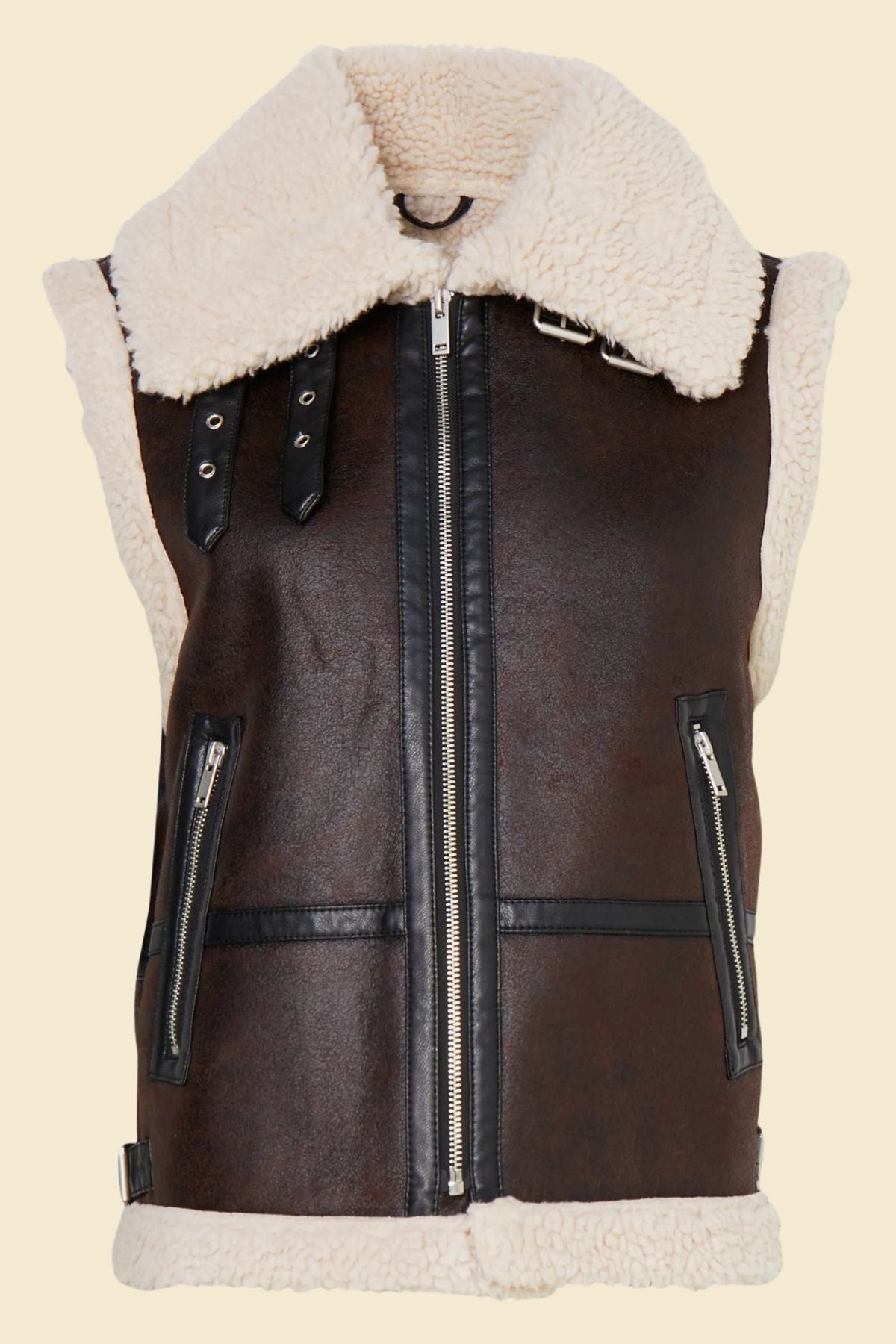 bomber leather shearling fur sleeveless jacket