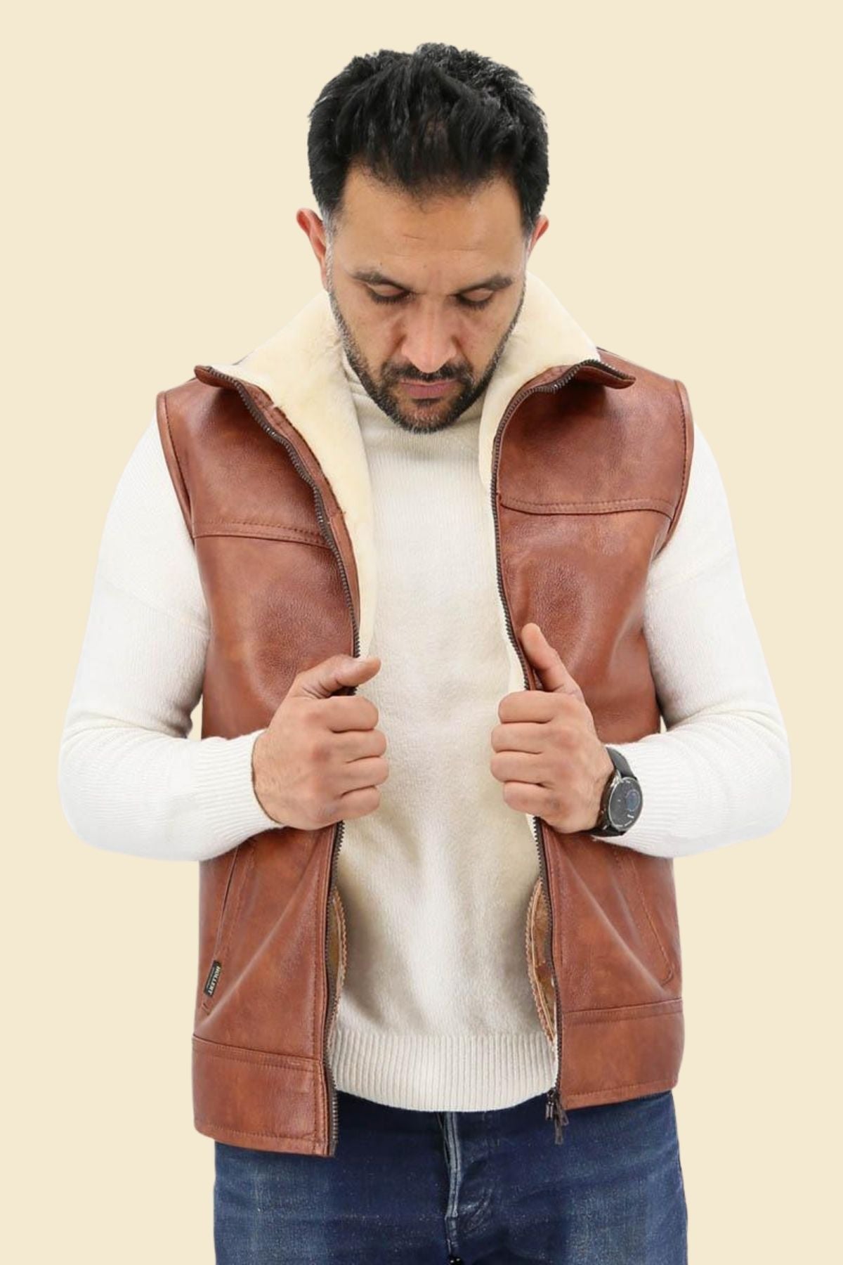 brown sheepskin leather vest showing B3 aviator structure and clean seams.