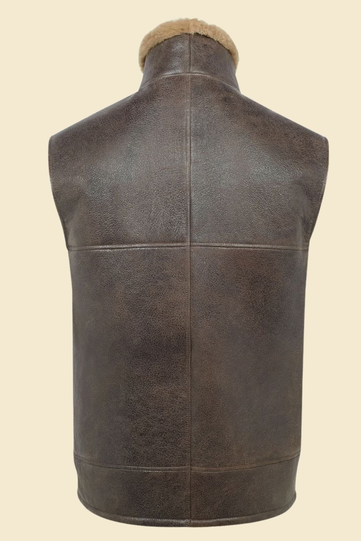sheepskin B3 flight vest styled for men with vintage aviator details and faux fur collar.