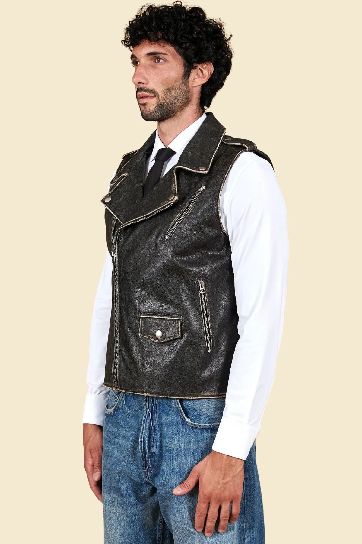 men’s black cowhide motorcycle vest with classic biker styling and durable leather build.