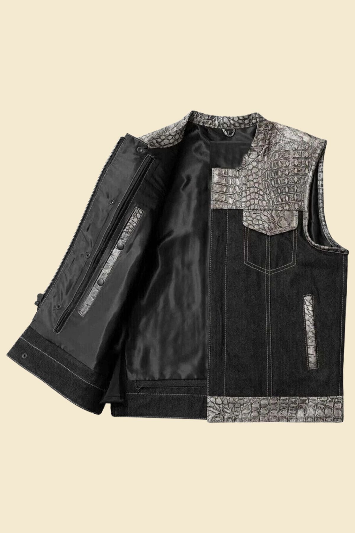 Men’s black biker vest with crocodile-embossed leather and denim body.