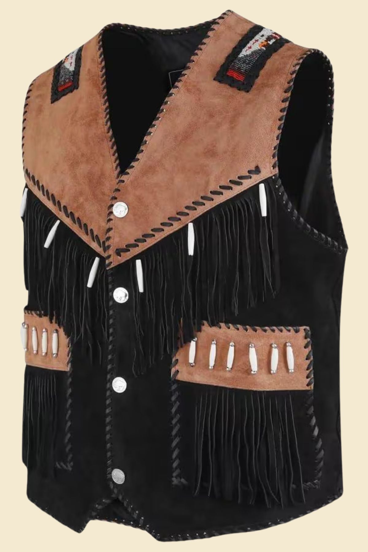 suede fringe detail on men’s black Western-style vest.