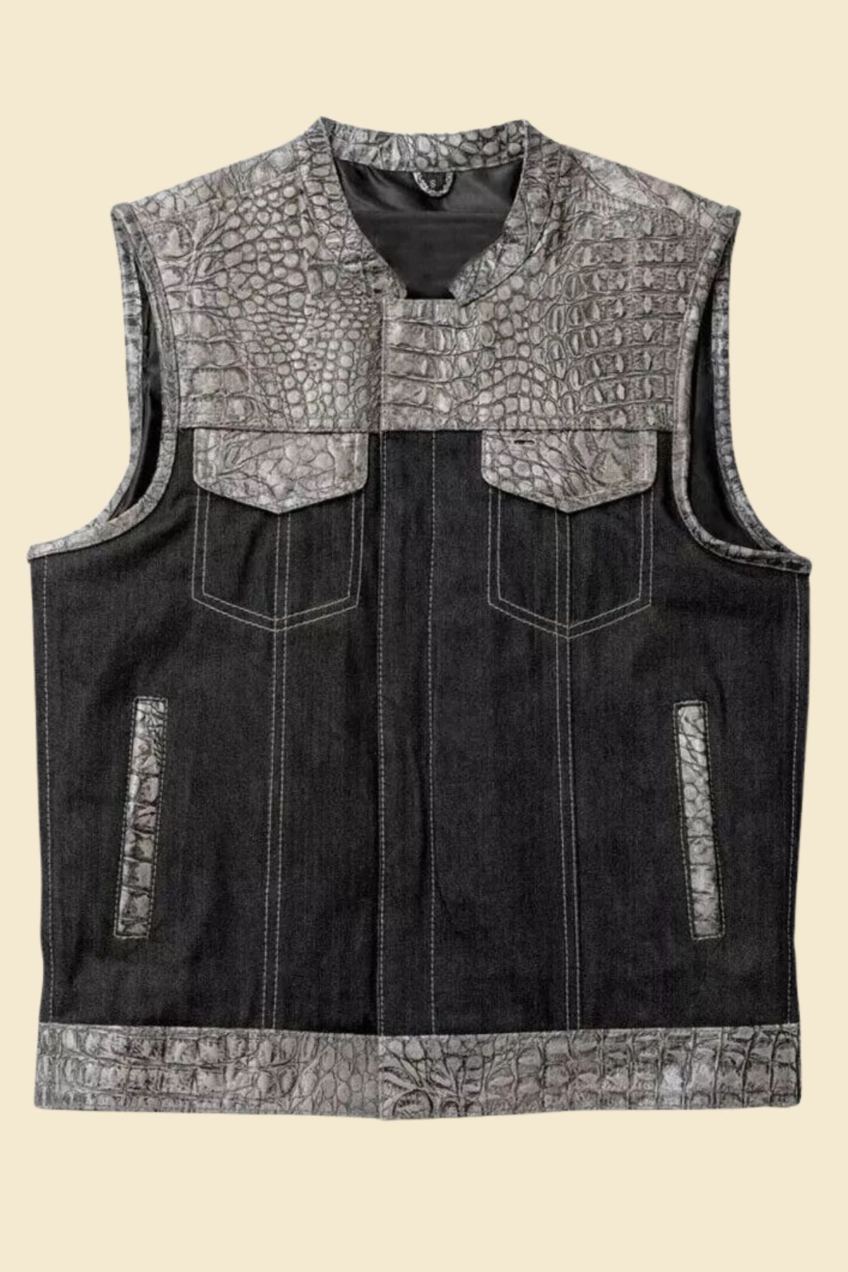 Men’s motorcycle vest with black denim and embossed leather accents.