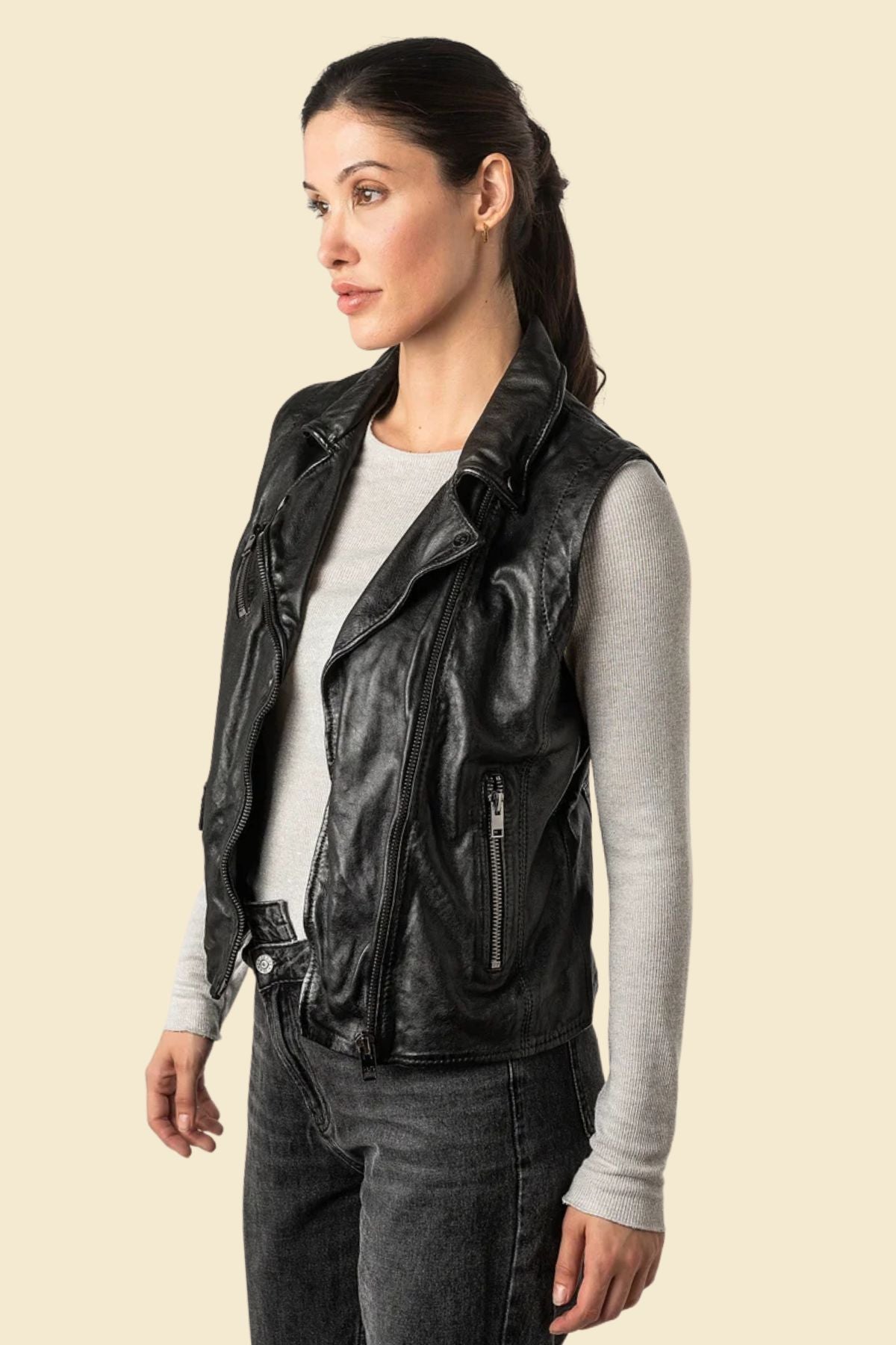women's leather biker vest in genuine black sheepskin.