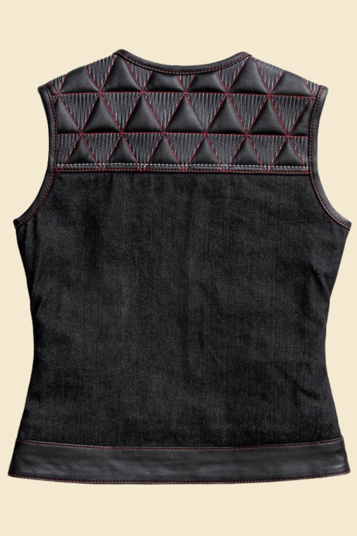 Black leather and denim quilted motorcycle vest for women