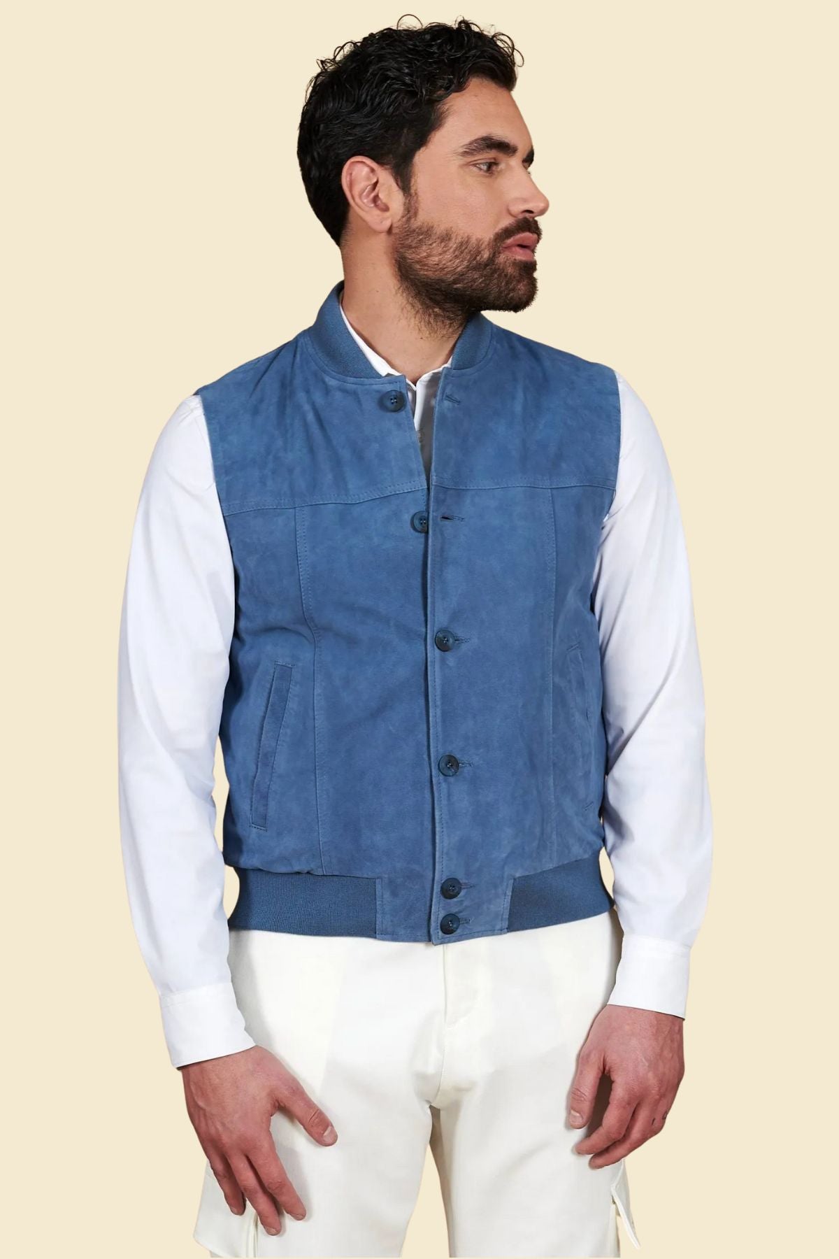 men’s blue suede bomber vest featuring a modern streetwear cut and button closure.