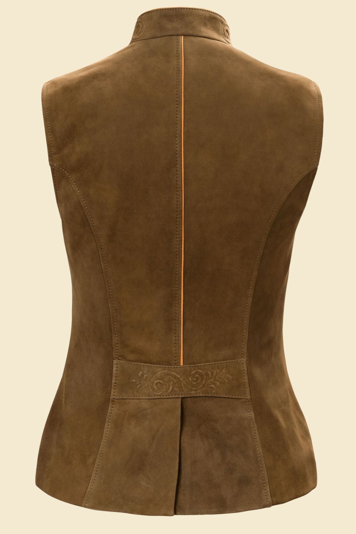 Brown embroidered suede vest styled for casual boho fashion.