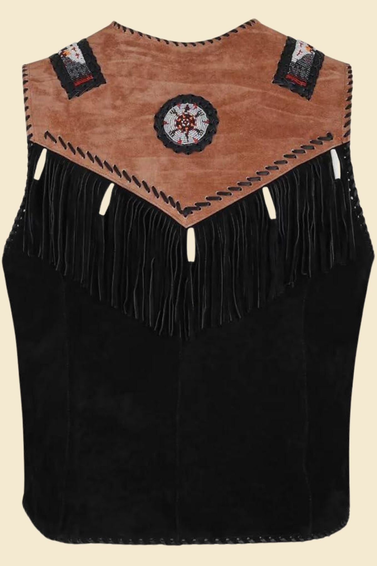 black suede fringe vest with a boho Western outfit for men.