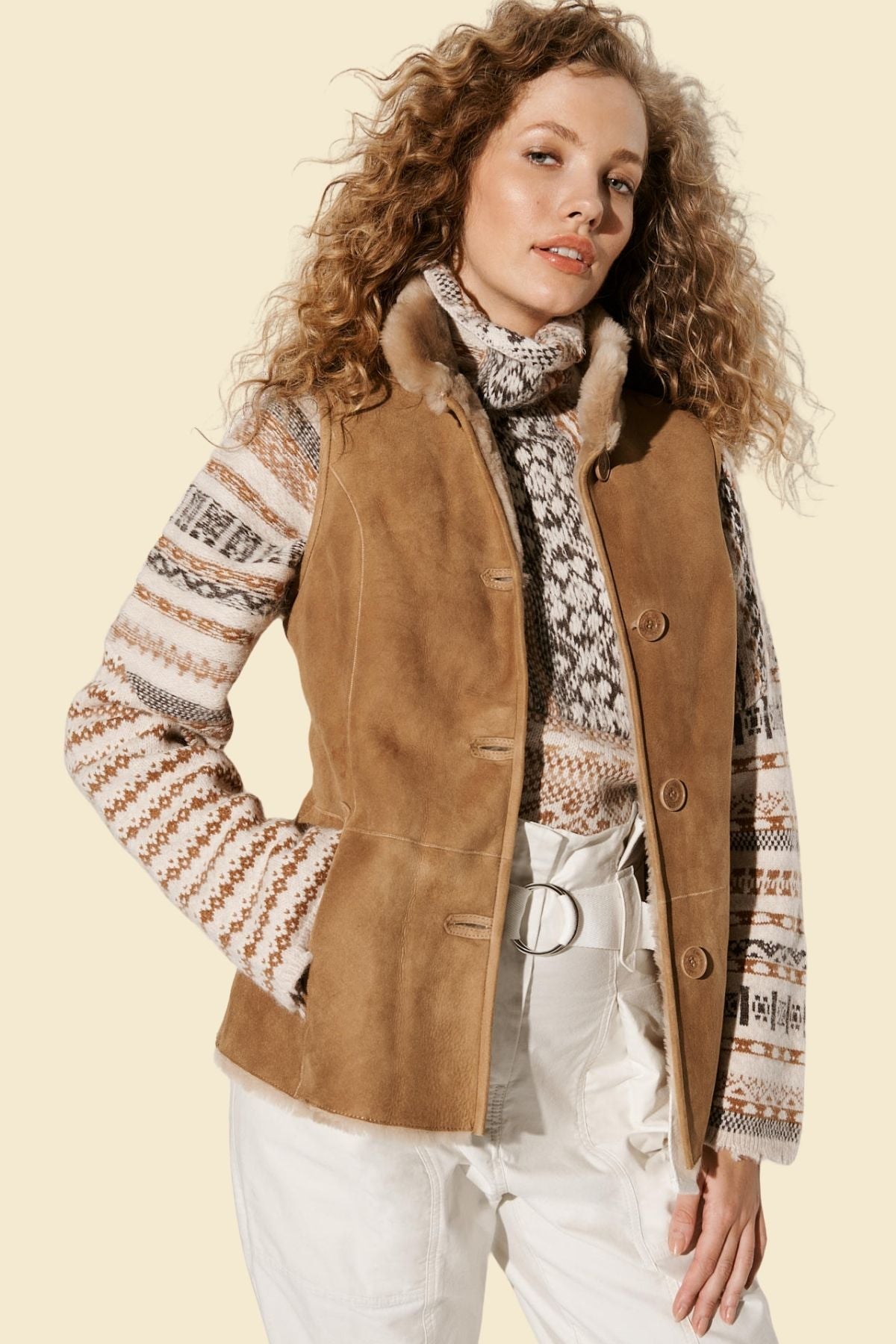 brown lambskin leather fur vest for women with cozy fit.