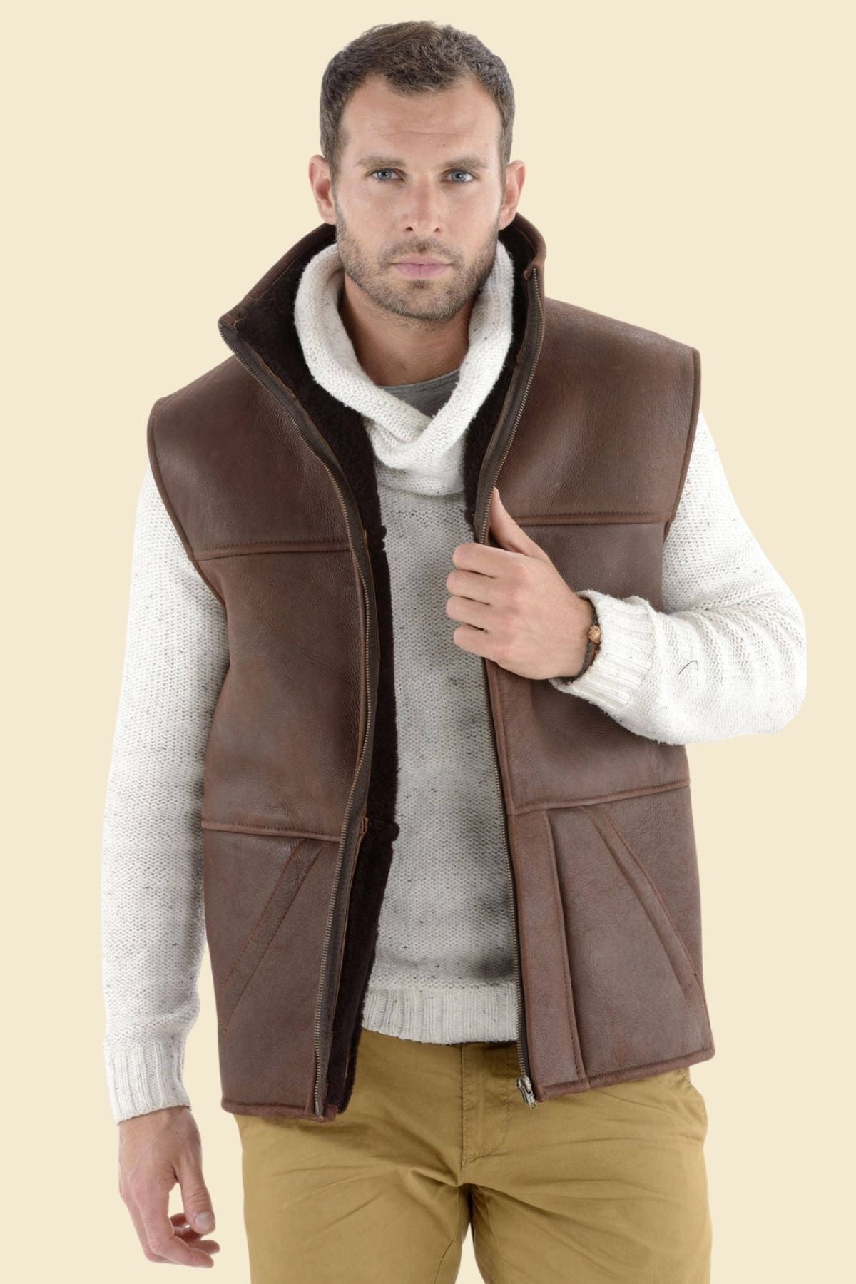 men casual winter leather vest with soft faux fur