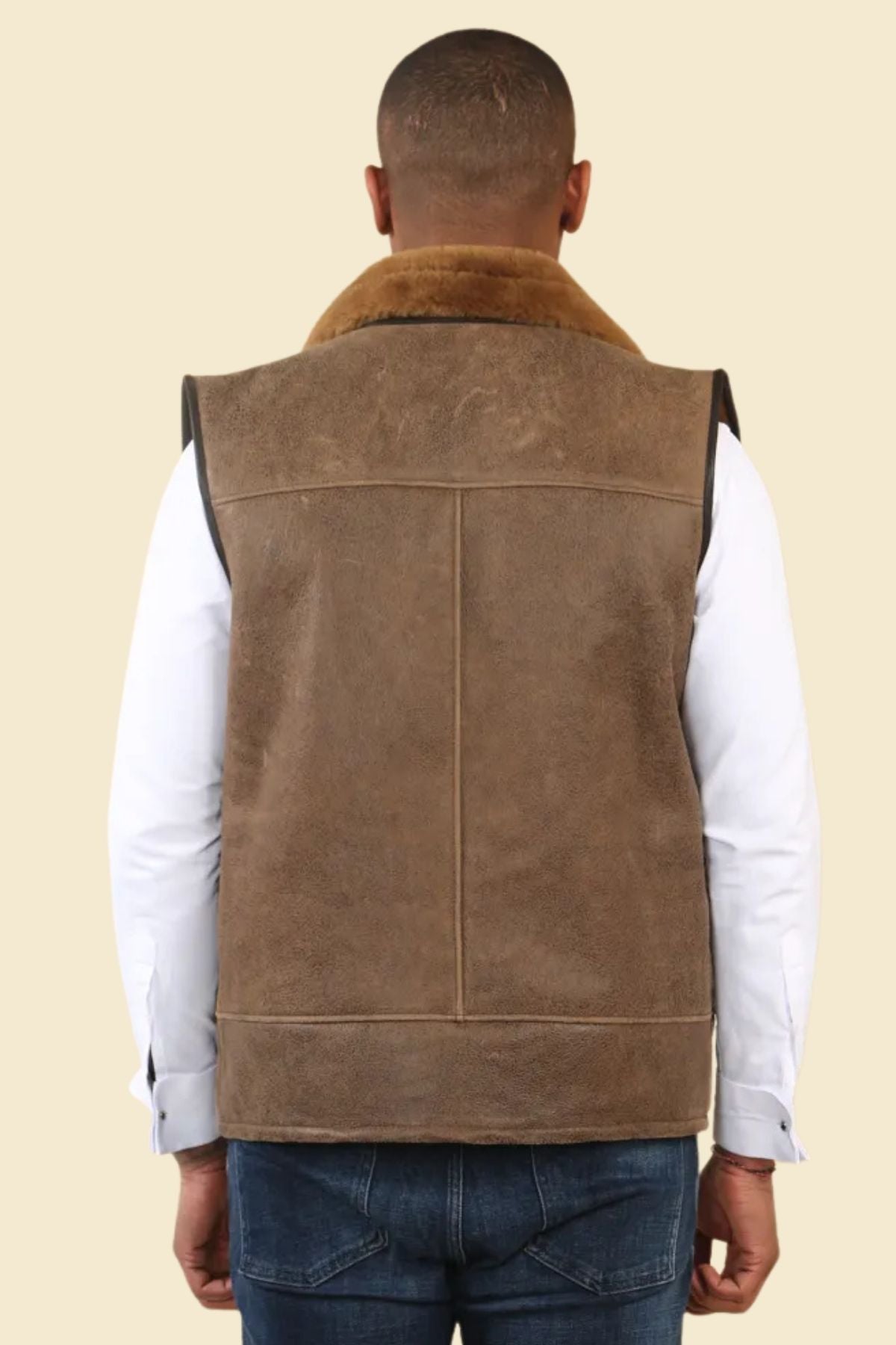 men’s brown fur-lined leather vest showcasing clean tailoring and a classic casual silhouette.