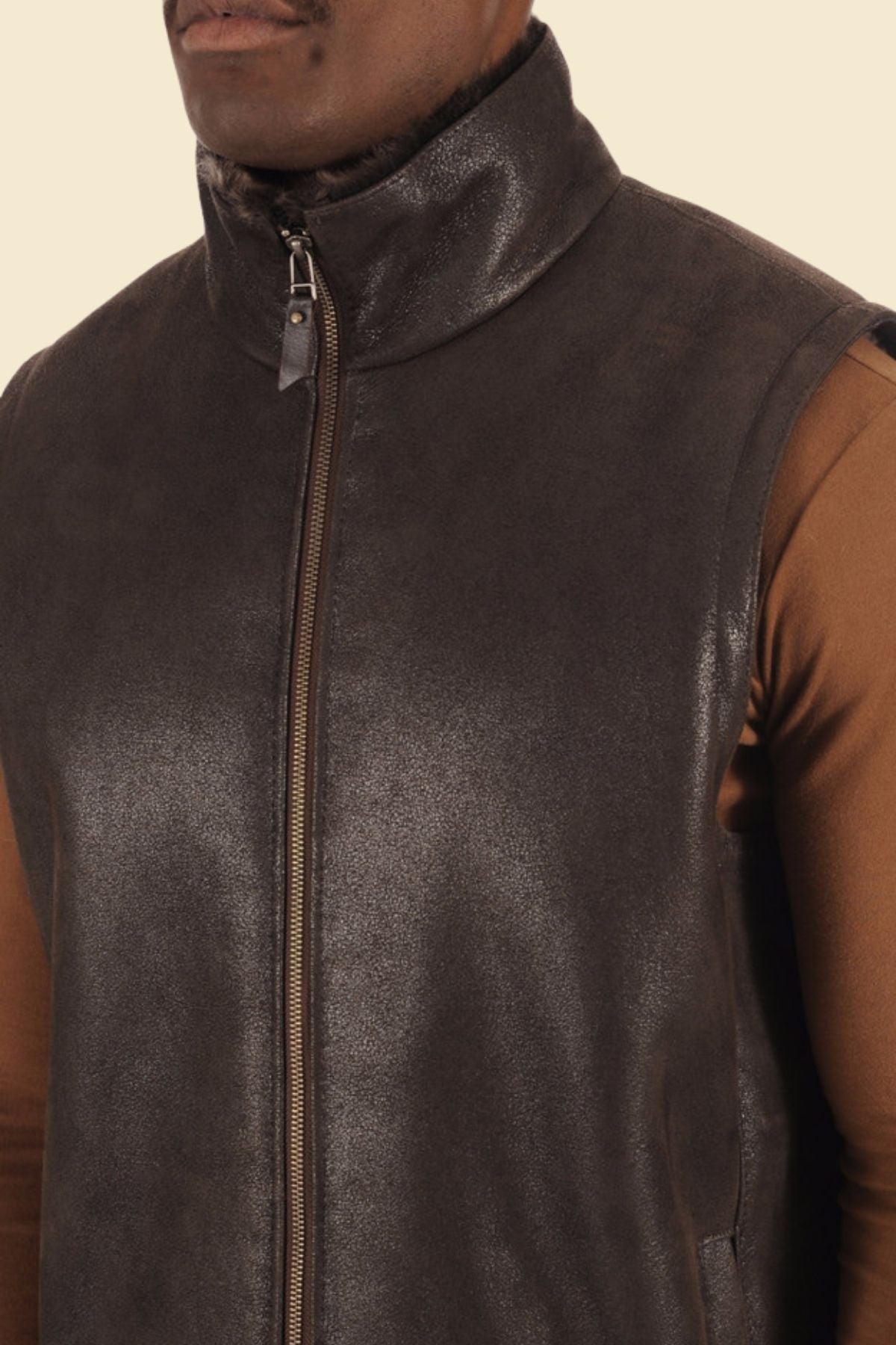 Brown Leather with faux fur vest for men