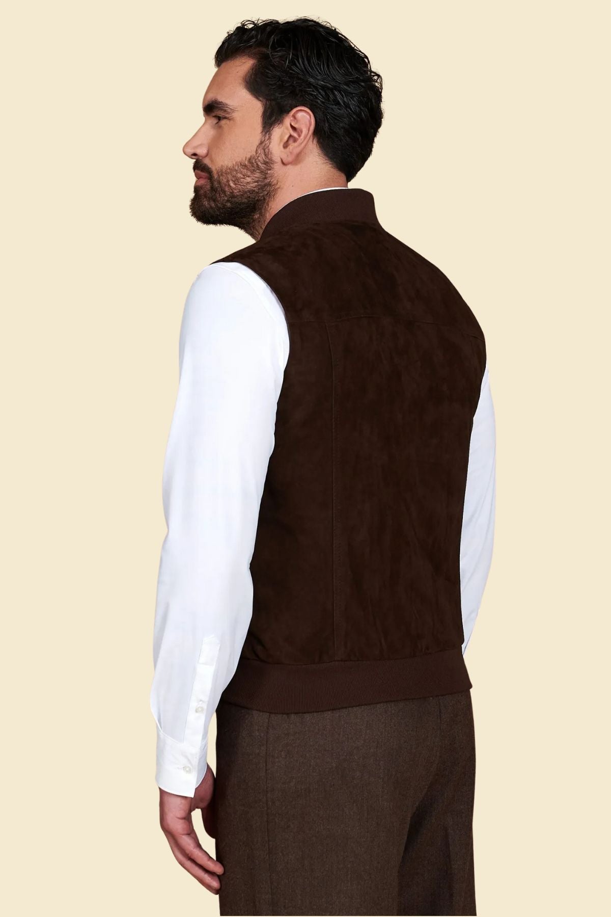 genuine suede leather texture on stylish dark brown vest for men.