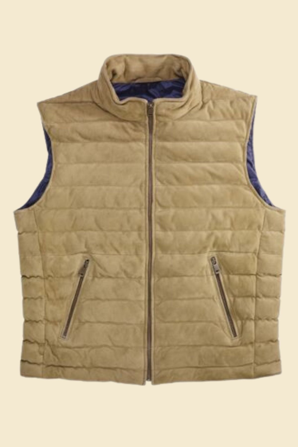 Men’s brown suede leather puffer vest with quilted insulation and zip closure.