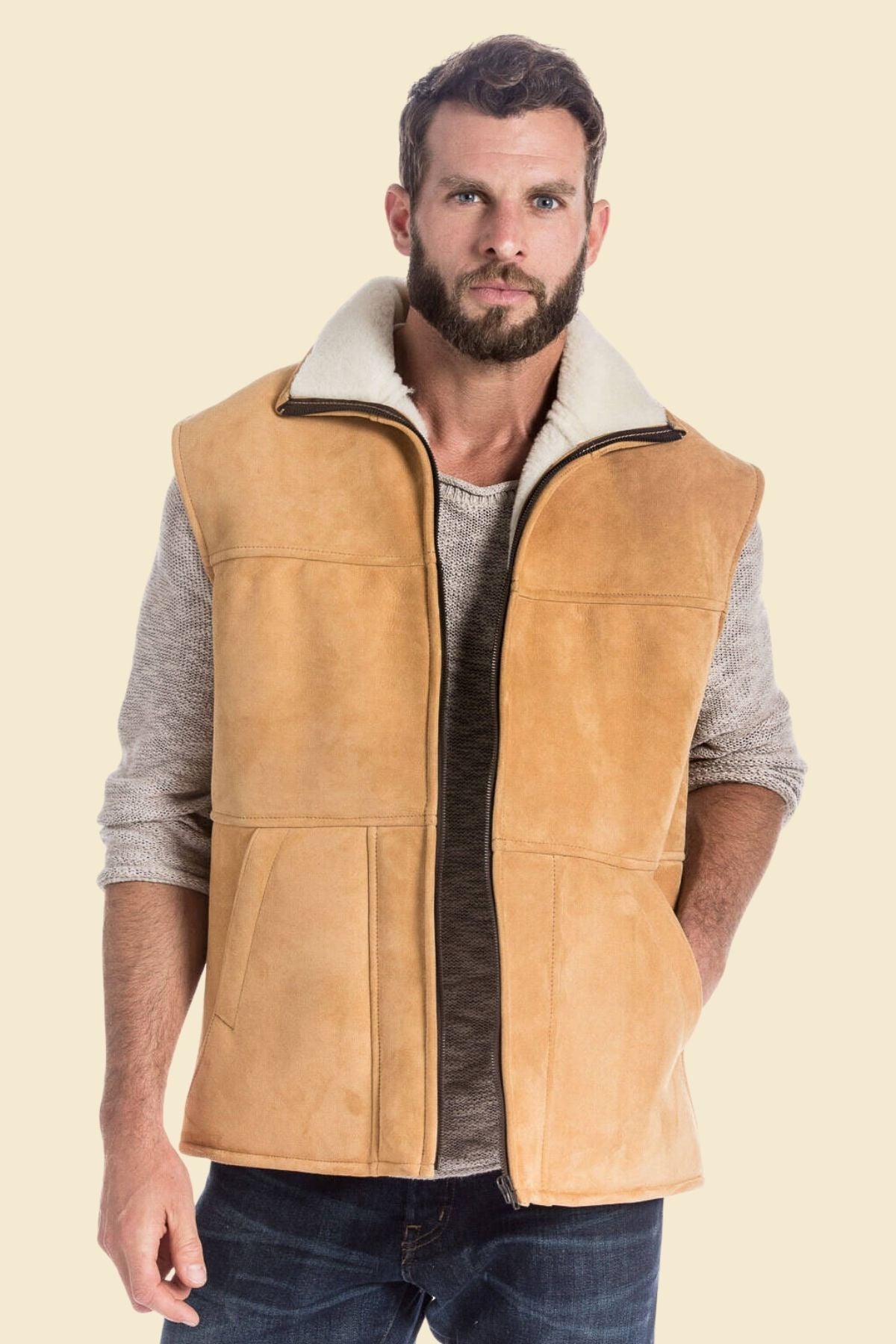 men’s brown suede leather vest with white faux fur lining