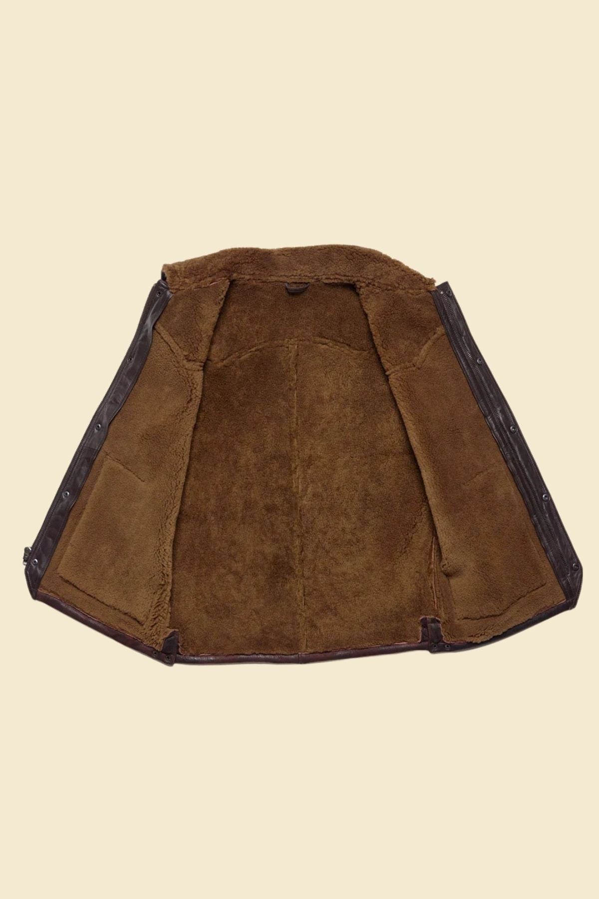 Western-style lambskin leather and faux fur vest paired with denim for men.