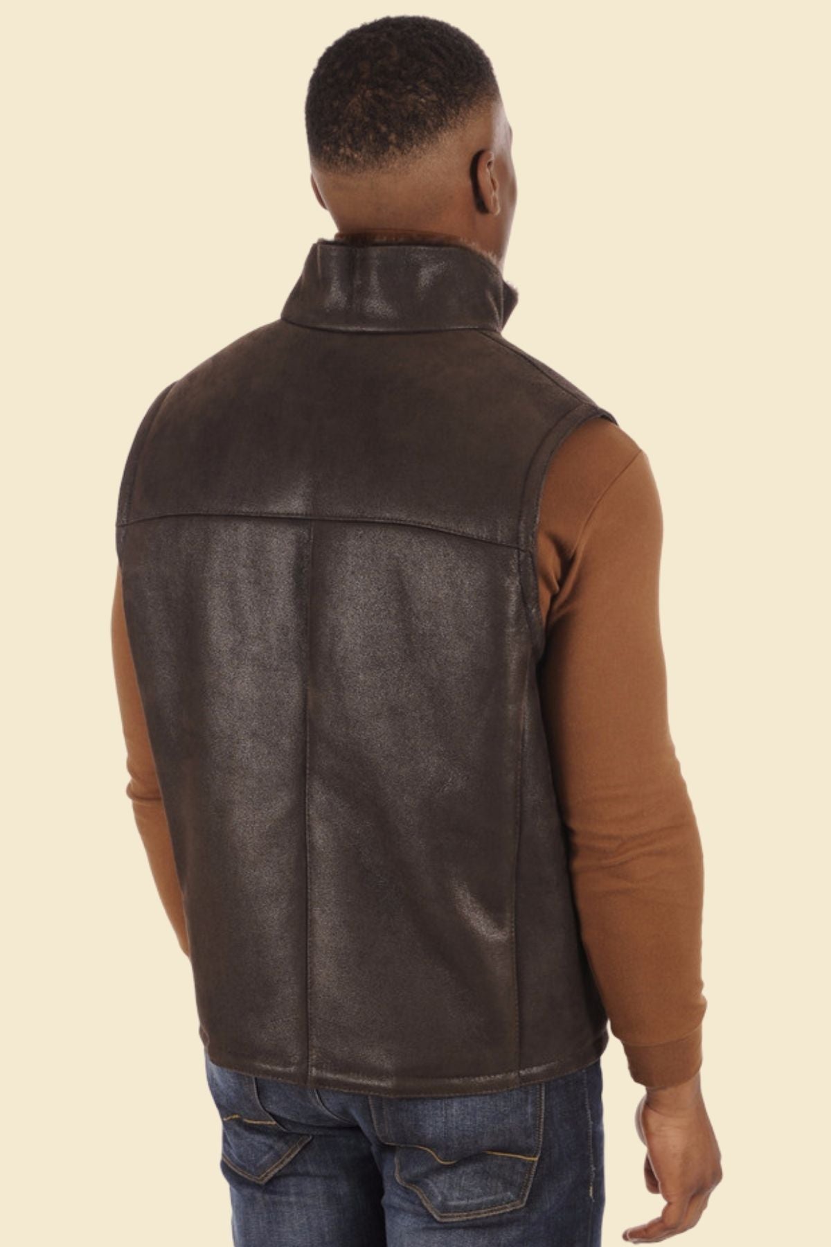 brown lambskin leather vest showing modern casual cut