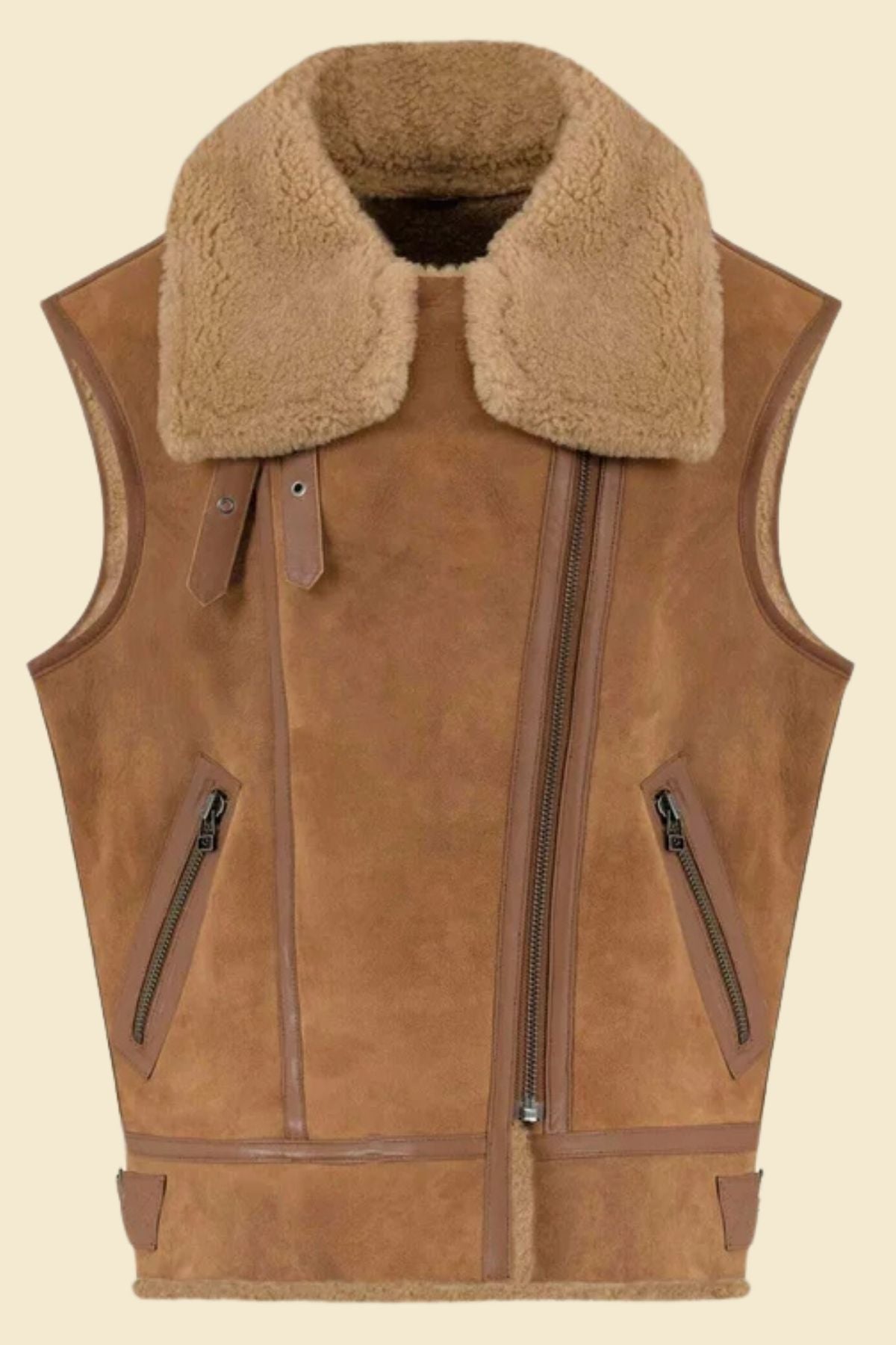 Vintage-inspired shearling vest in brown for women, featuring bomber-style details.