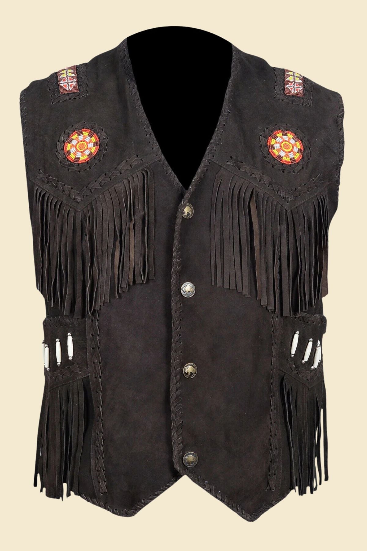 black suede fringe vest with boots and jeans for a bold Western cowboy look.