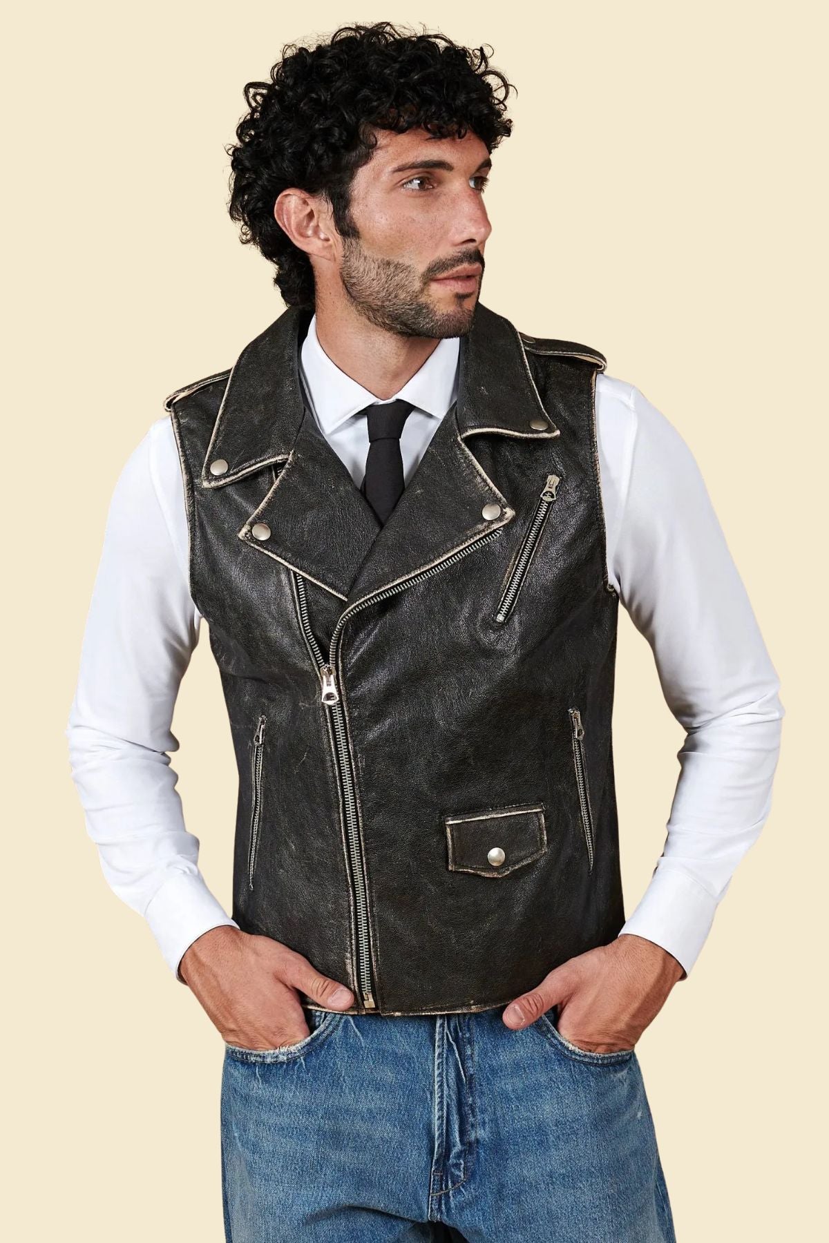 black cowhide leather vest for men