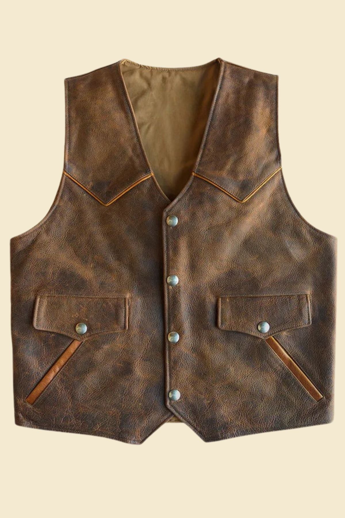 men’s distressed brown leather Western vest made from genuine cowhide.