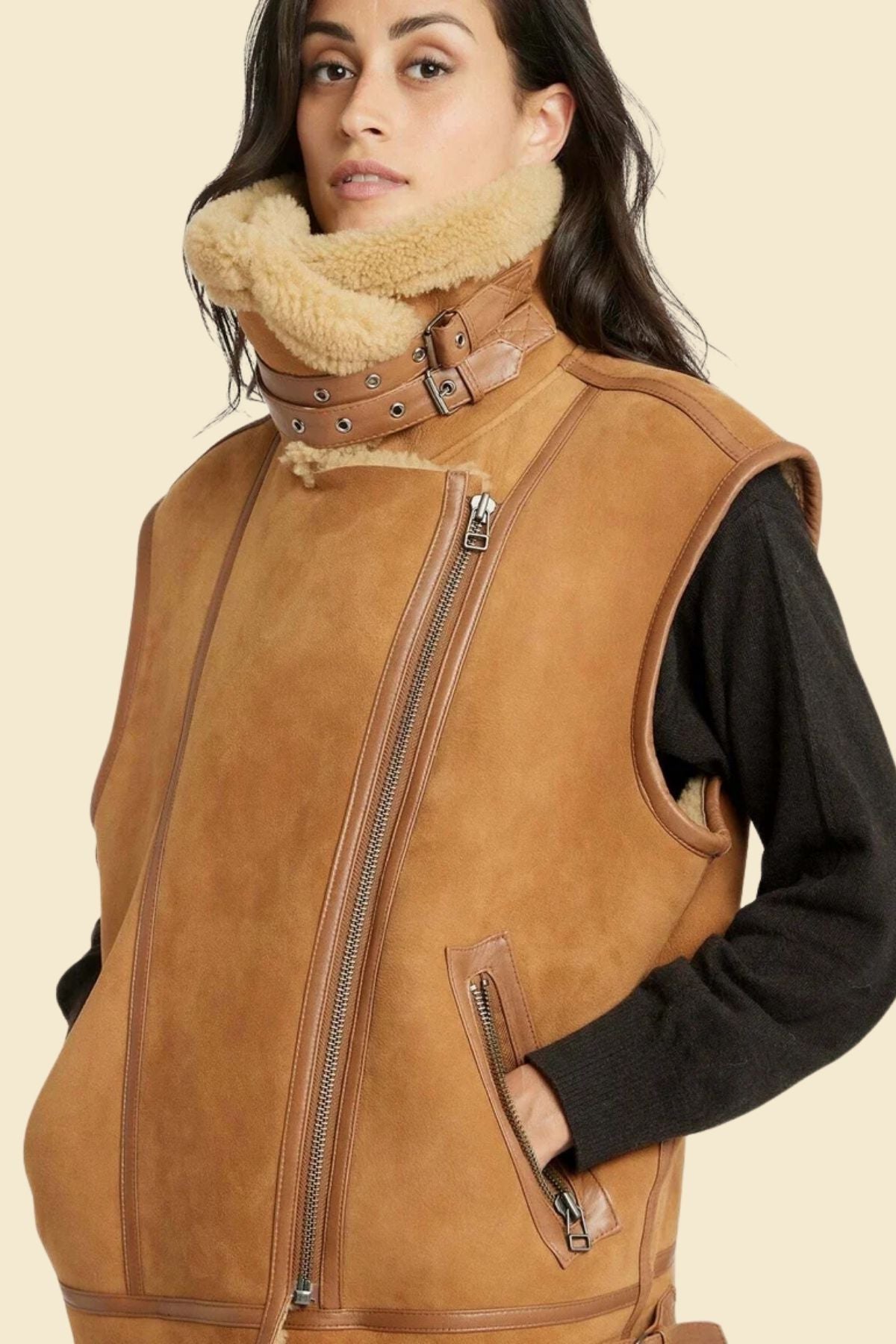 women’s aviator leather vest with soft faux fur lining.