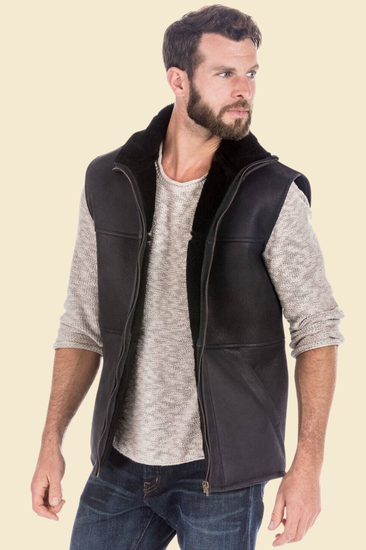 faux shearling lining and black sheepskin leather texture