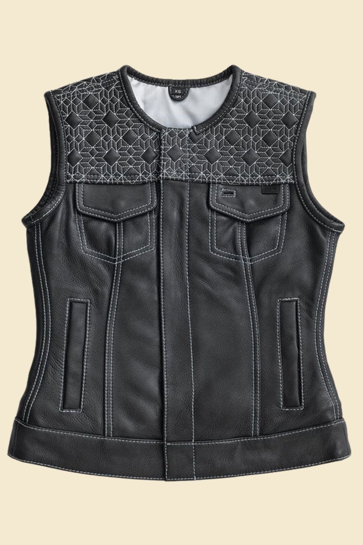 Women’s black leather quilted biker vest