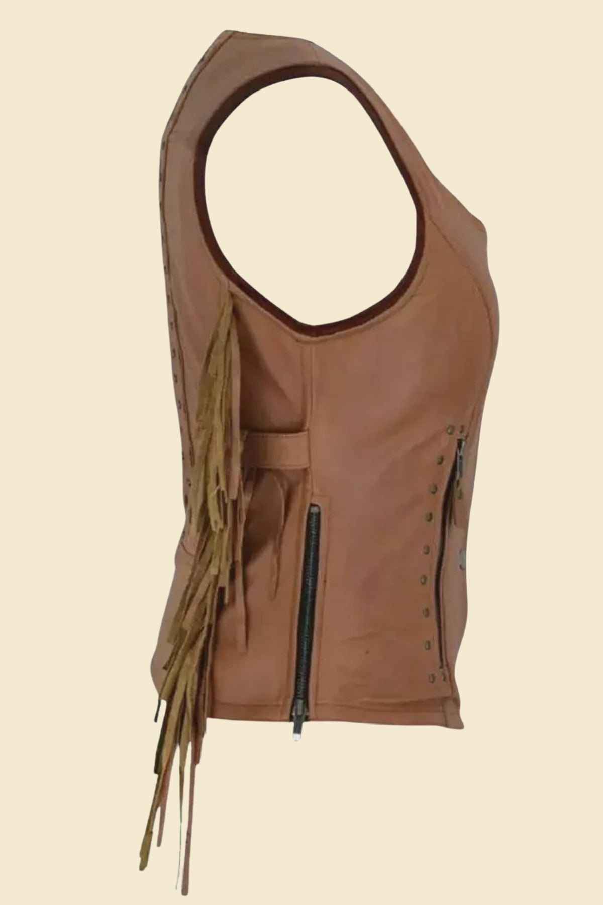 fringe leather biker vest for women in brown.