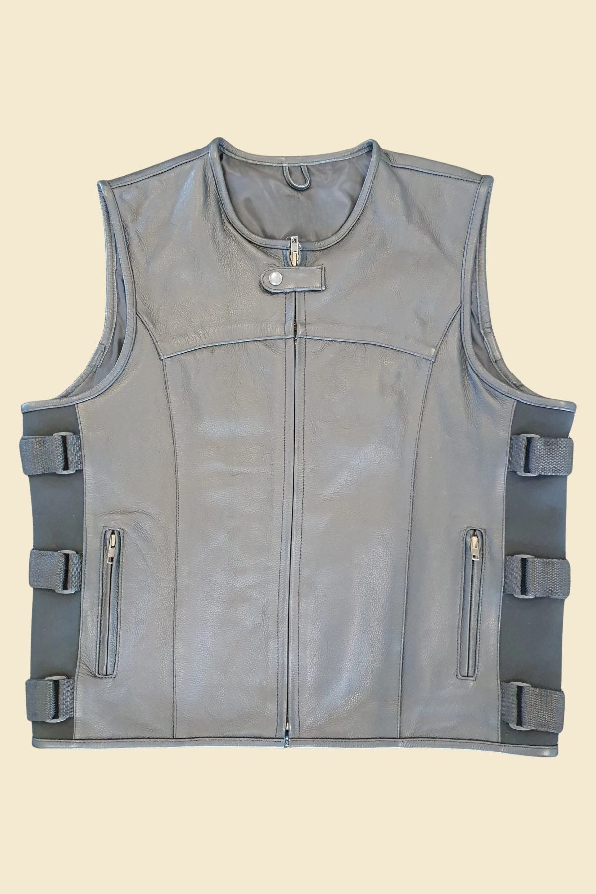 Versatile gray leather biker vest for men with multiple utility pockets.
