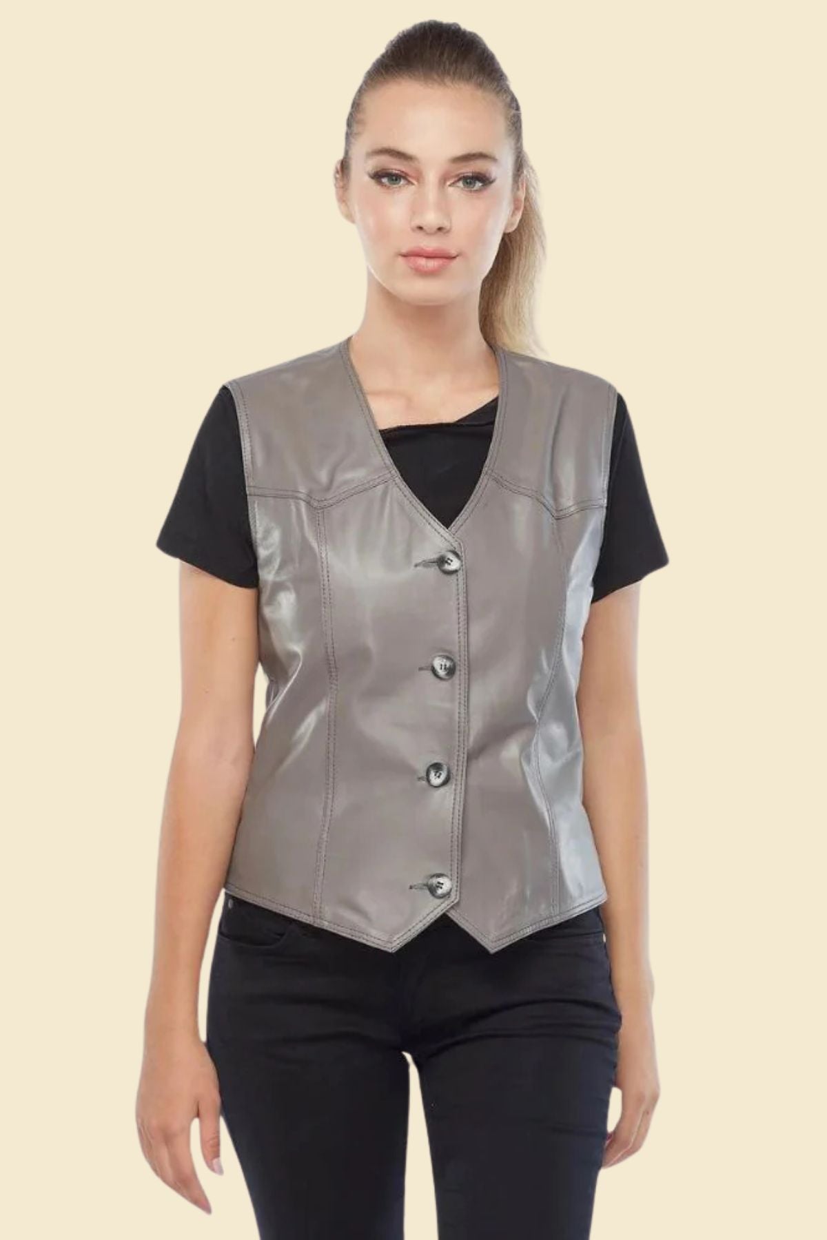 Women’s gray motorcycle vest made from genuine sheepskin leather.