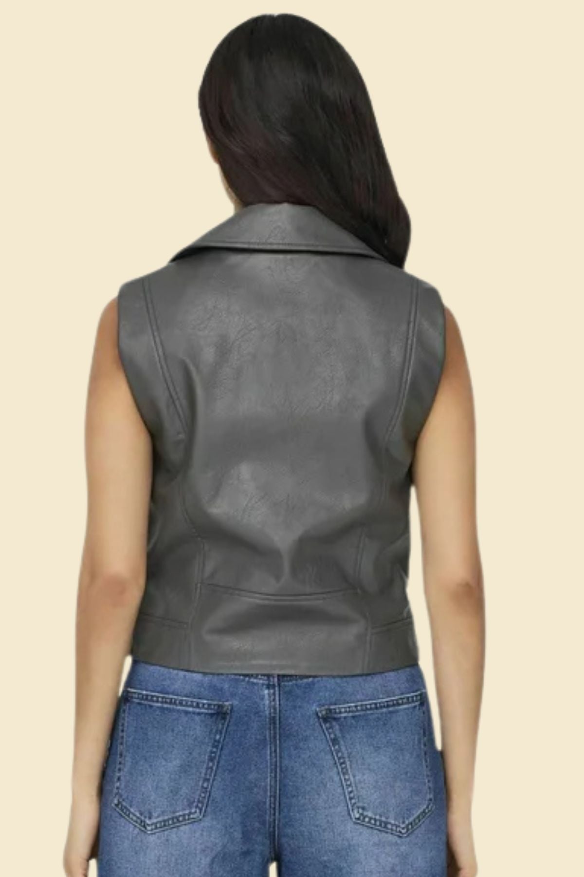 Durable cowhide leather motorcycle vest in gray for women’s casual or riding wear.