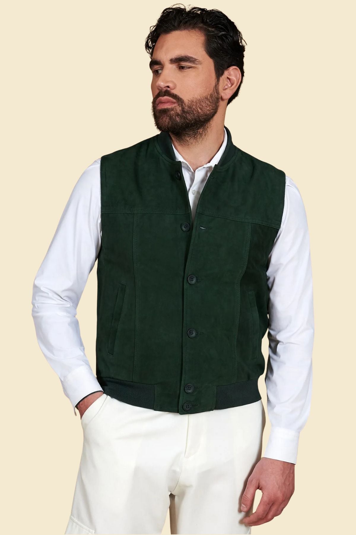 soft suede texture and zipper detail on green bomber-style vest for men.