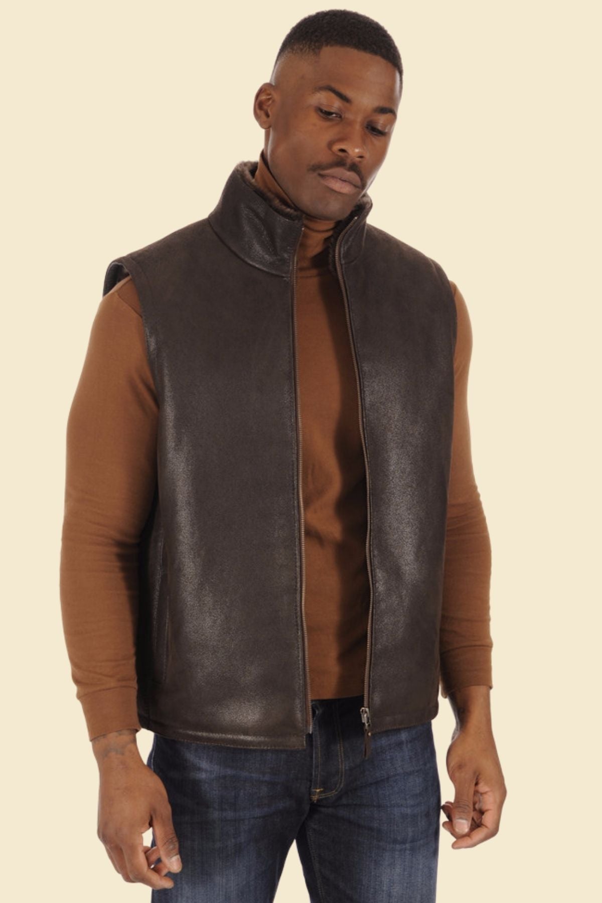 close-up of lambskin leather texture with inner faux fur lining