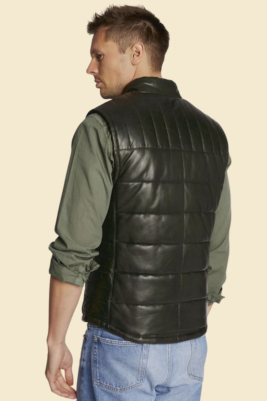 Modern lambskin puffer vest in black for men, ideal for layering.