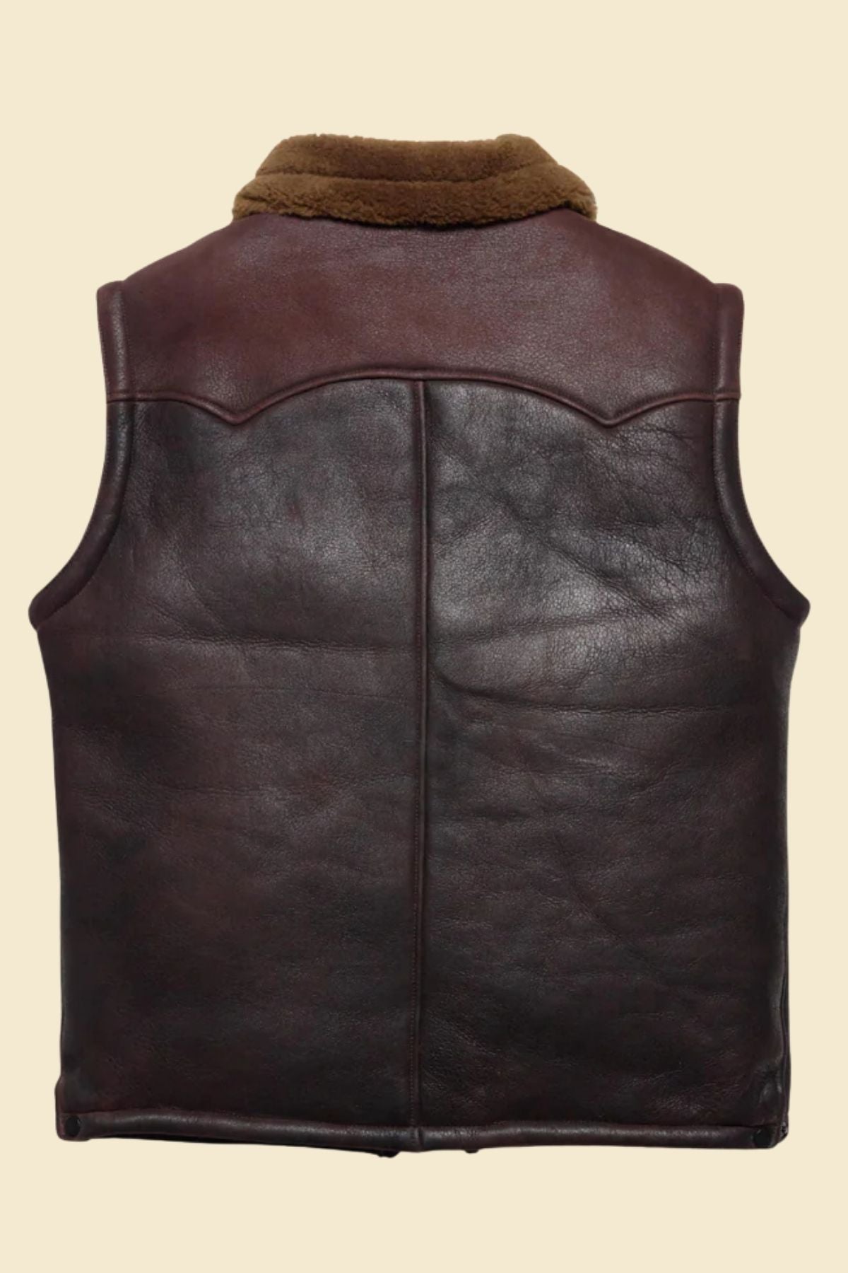 soft lambskin leather grain and plush faux fur lining on Western-style vest for men.