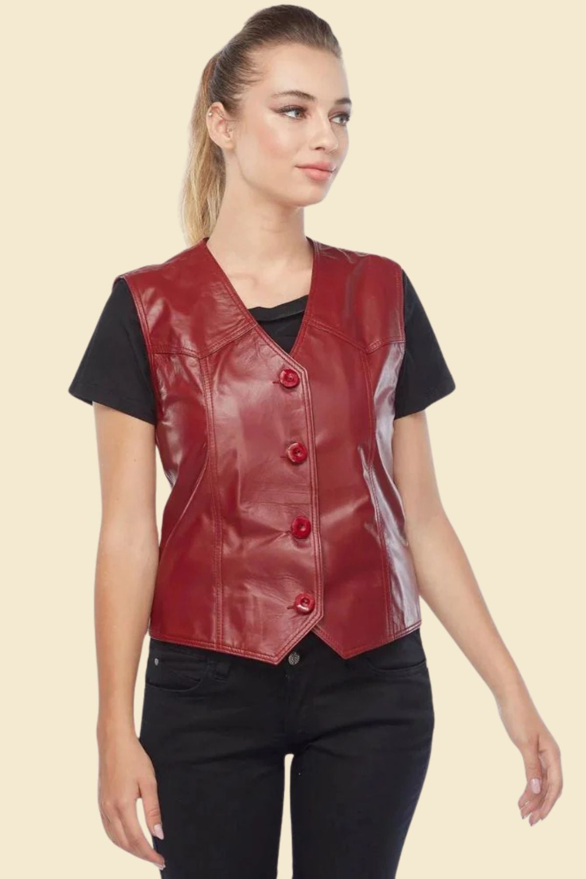 Bold red biker vest for women with soft polyester lining.