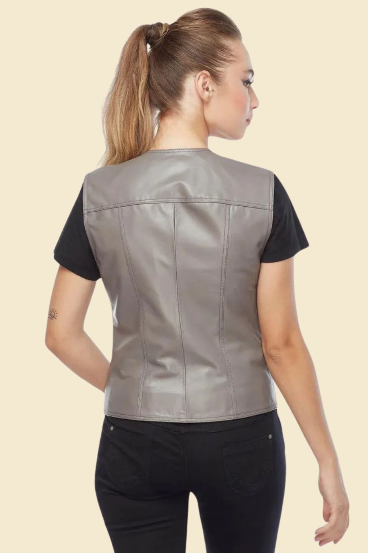 gray sheepskin leather motorcycle vest for women.
