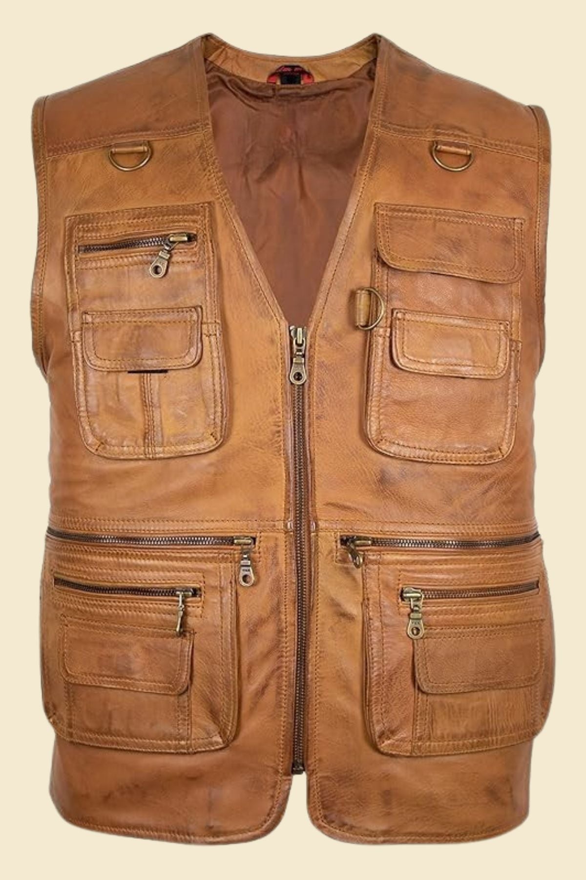 multi-pocket brown leather vest with biker outfit, perfect for riding and rugged style.