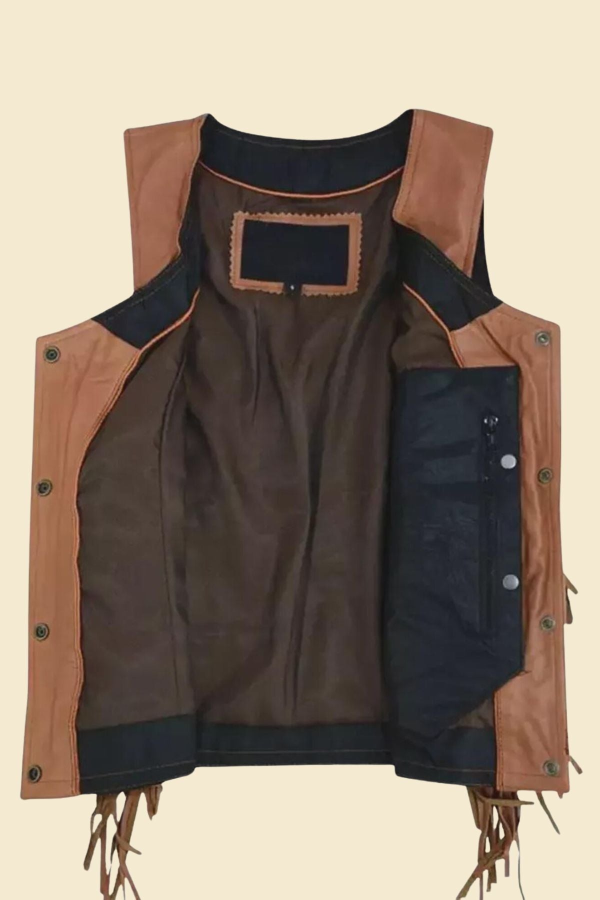 brown leather vest with Western fringe details.