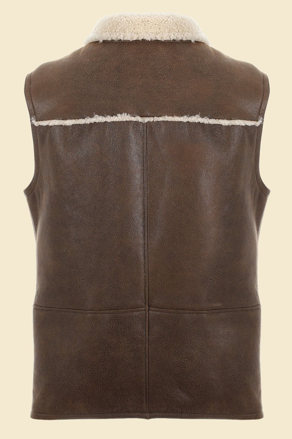 leather texture and soft faux fur lining on men’s brown vest.