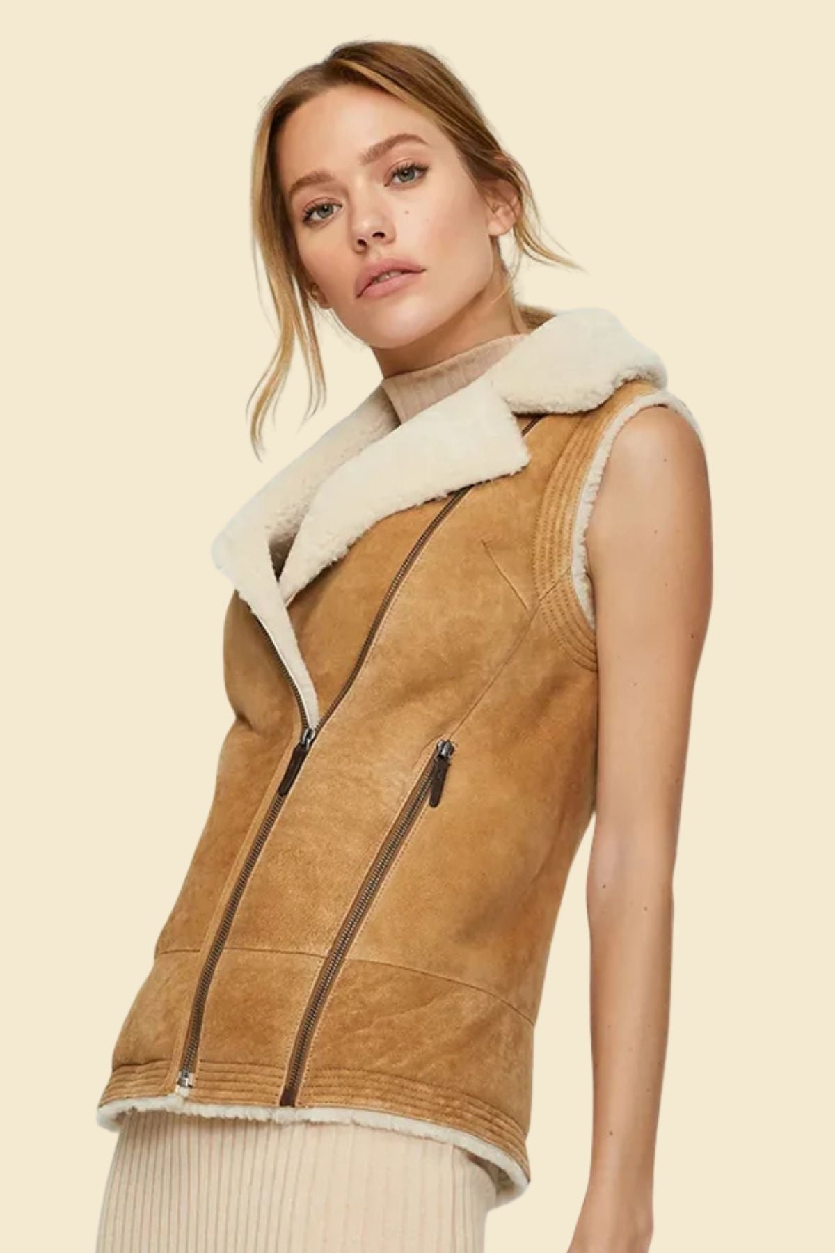 classic women’s leather aviator vest with sherpa interior.