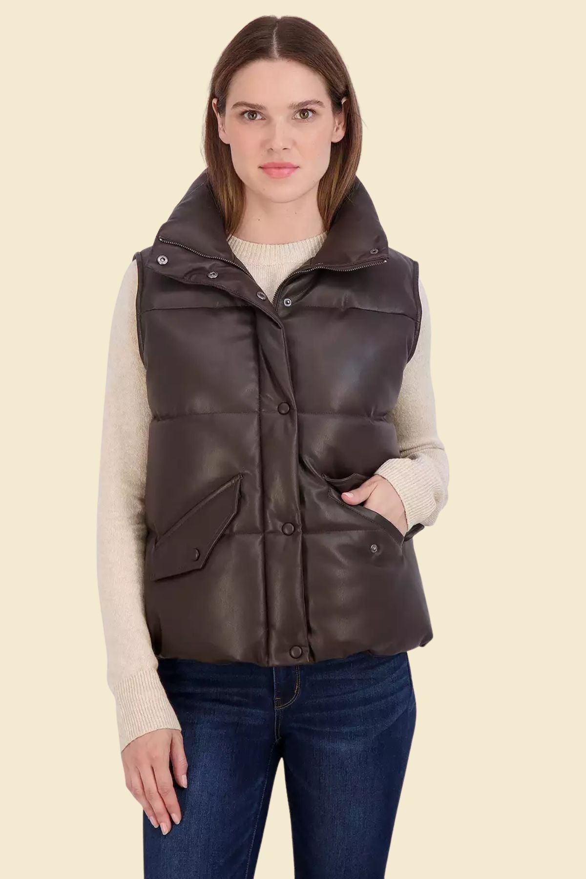 Lightweight leather vest for women in rich brown with quilted design.