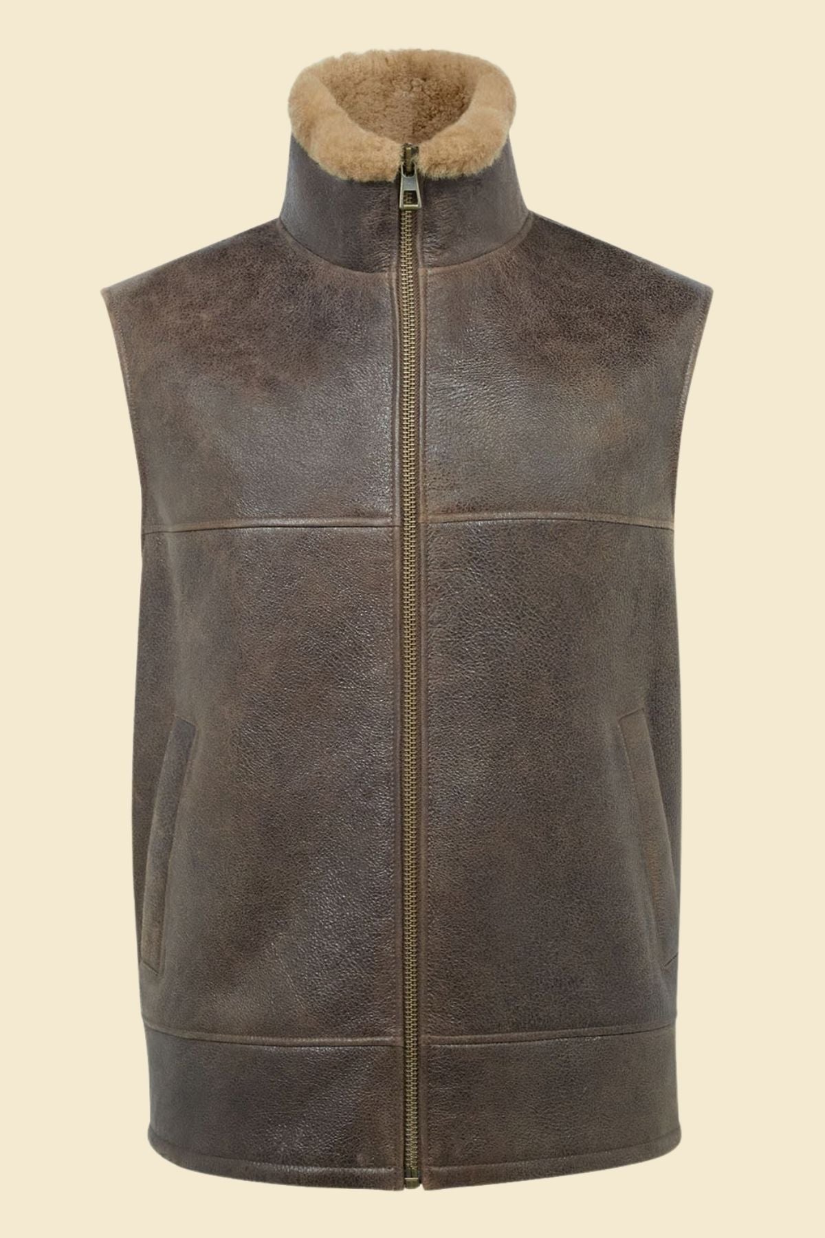men’s B3 aviator vest made from brown sheepskin leather with faux fur lining.
