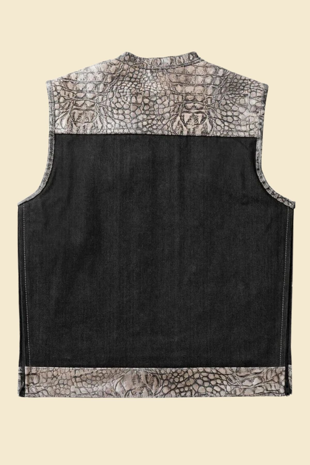 quilted biker vest featuring black denim and croc-texture leather.