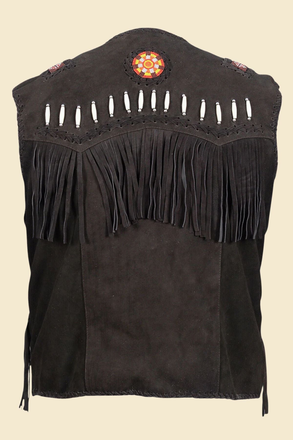 men’s black suede Western vest featuring long fringe and cowboy styling.