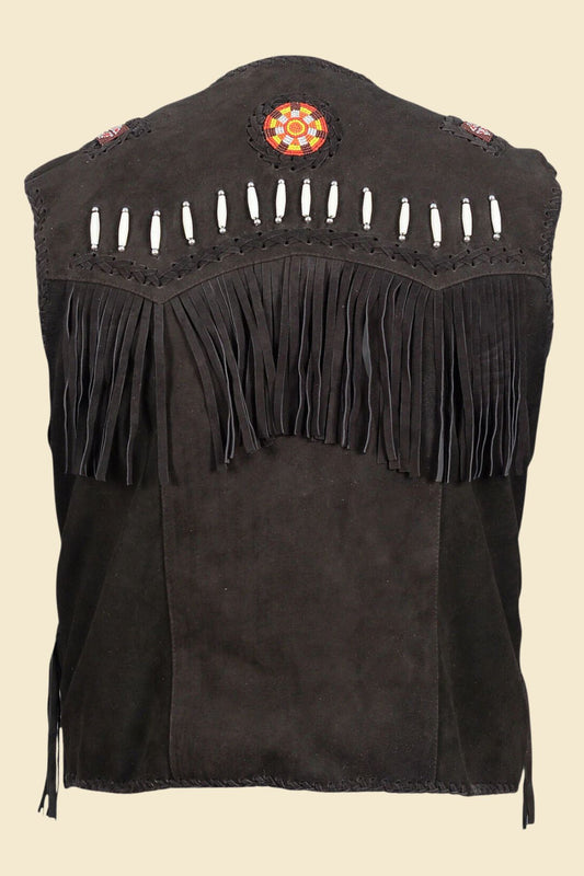 menβs black suede Western vest featuring long fringe and cowboy styling.