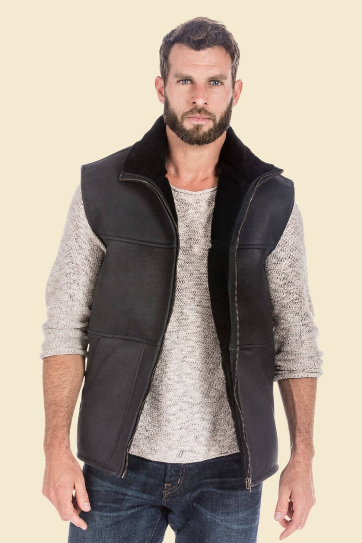 men’s black sheepskin leather vest with faux shearling lining