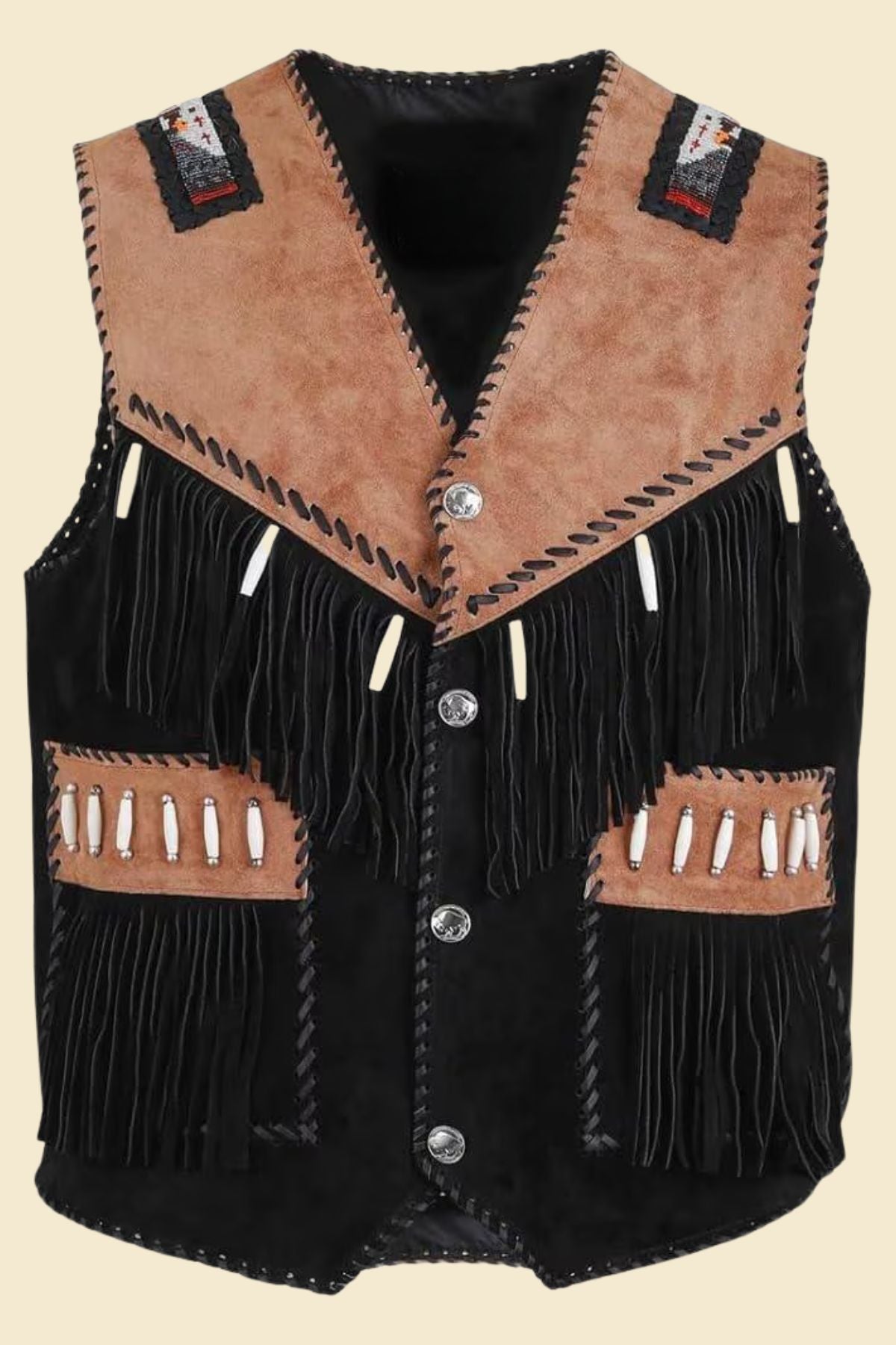 men’s black suede fringe vest with open-front Western-boho fit.