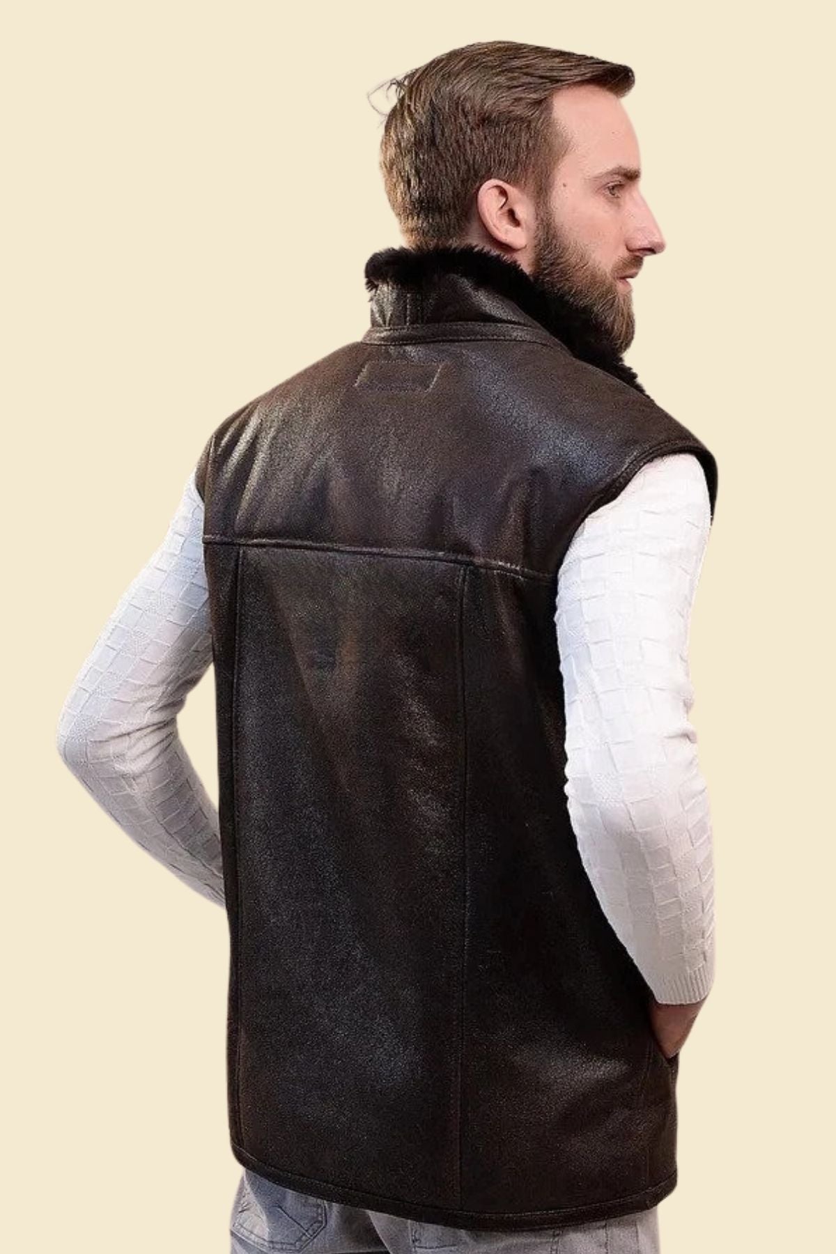 men’s brown aviator-style leather vest showing clean lambskin finish and structured fit.